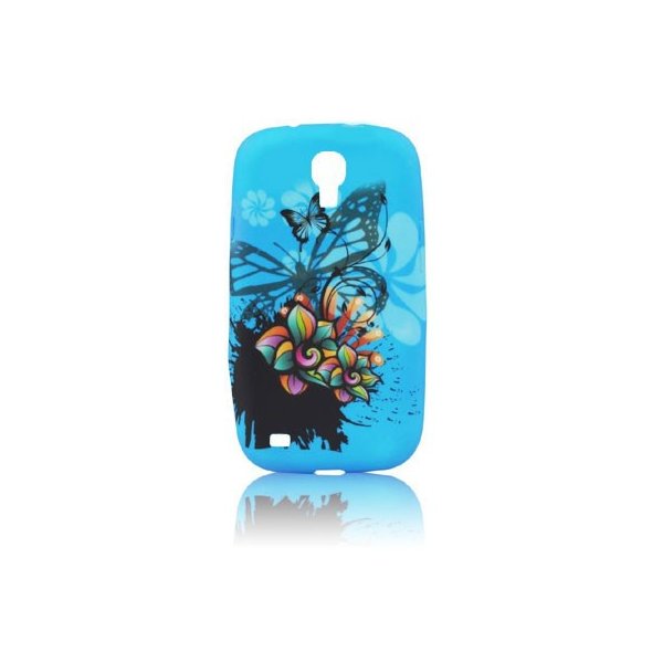 CUSTODIA GEL TPU SILICONE per SAMSUNG I9500 GALAXY S4, I9505, I9502 FANTASIA FIORI E FARFALLE SU SFONDO BLU