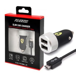 CARICATORE AUTO 2100mAh CON 2 PORTE USB + CAVO MICRO USB - CARICA AD ALTA VELOCITA' COLORE NERO FERRARI BLISTER