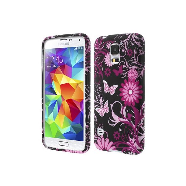 CUSTODIA GEL TPU SILICONE per SAMSUNG G900F GALAXY S5, GALAXY S5 NEO G903F FANTASIA FIORI E FARFALLE ROSA SU SFONDO NERO CUSTODIA GEL TPU SILICONE per SAMSUNG G900F GALAXY S5, GALAXY S5 NEO G903F FANTASIA FIORI E FARFALLE ROSA SU SFONDO NERO
