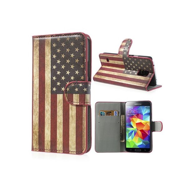 CUSTODIA FLIP ORIZZONTALE SIMILPELLE per SAMSUNG G900 GALAXY S5, S5 NEO CON STAND E PORTA CARTE FANTASIA BANDIERA USA ANTICATA CUSTODIA FLIP ORIZZONTALE SIMILPELLE per SAMSUNG G900 GALAXY S5, S5 NEO CON STAND E PORTA CARTE FANTASIA BANDIERA USA ANTICATA