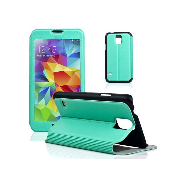 CUSTODIA FLIP ORIZZONTALE SIMILPELLE per SAMSUNG G900F GALAXY S5, S5 NEO G903F CON FINESTRA GRANDE E STAND VERDE ACQUA CUSTODIA FLIP ORIZZONTALE SIMILPELLE per SAMSUNG G900F GALAXY S5, S5 NEO G903F CON FINESTRA GRANDE E STAND VERDE ACQUA