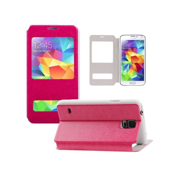 CUSTODIA FLIP ORIZZONTALE SIMILPELLE per SAMSUNG G900F GALAXY S5, S5 NEO G903F CON STAND E DOPPIA FINESTRA ID COLORE FUCSIA CUSTODIA FLIP ORIZZONTALE SIMILPELLE per SAMSUNG G900F GALAXY S5, S5 NEO G903F CON STAND E DOPPIA FINESTRA ID COLORE FUCSIA