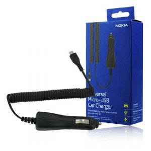 CARICATORE AUTO 750mAh CON CONNETTORE MICRO USB - CAVO A SPIRALE COLORE NERO DC-15 NOKIA ORIGINALE IN BLISTER