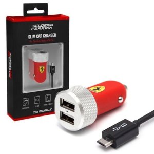 CARICATORE AUTO 2100mAh CON 2 PORTE USB + CAVO MICRO USB CARICA AD ALTA VELOCITA' COLORE ROSSO FERRARI BLISTER