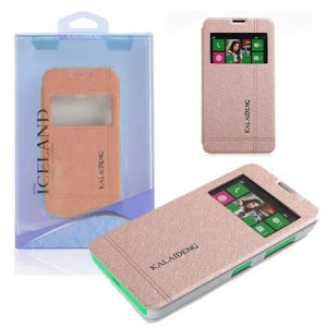 CUSTODIA FLIP ORIZZONTALE per NOKIA LUMIA 630 CON STAND E FINESTRA ID COLORE ORO EFFETTO CROSS ICELAND II BLISTER
