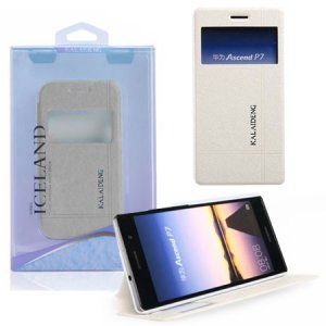 CUSTODIA FLIP ORIZZONTALE per HUAWEI ASCEND P7 CON STAND E FINESTRA ID COLORE BIANCO EFFETTO CROSS ICELAND II BLISTER