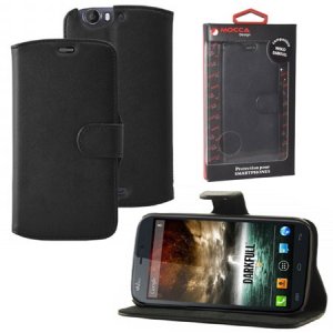 CUSTODIA FLIP ORIZZONTALE PELLE per WIKO DARKFULL CON STAND COLORE NERO ALTA QUALITA' MOCCA BLISTER