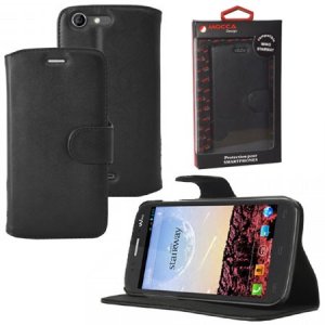 CUSTODIA FLIP ORIZZONTALE PELLE per WIKO STAIRWAY CON STAND COLORE NERO ALTA QUALITA' MOCCA BLISTER