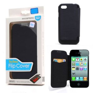 CUSTODIA FLIP ORIZZONTALE per APPLE IPHONE 4, IPHONE 4s CON TASCA PORTA CARTE COLORE BLU TECHNO BLISTER MERCURY