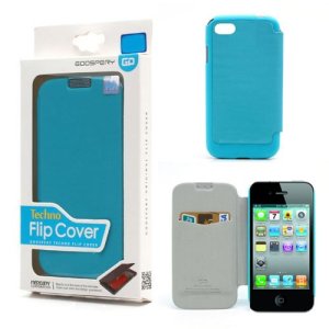 CUSTODIA FLIP ORIZZONTALE per APPLE IPHONE 4, IPHONE 4s CON TASCA PORTA CARTE COLORE AZZURRO TECHNO BLISTER MERCURY