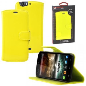 CUSTODIA FLIP ORIZZONTALE PELLE per WIKO DARKFULL CON STAND COLORE GIALLO FLUORESCENTE ALTA QUALITA' MOCCA BLISTER