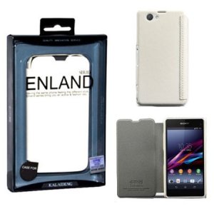 CUSTODIA FLIP ORIZZONTALE PELLE per SONY XPERIA Z1 COMPACT CON PORTA CARTE COLORE BIANCO BLISTER ENLAND