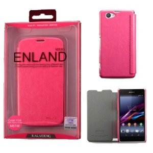 CUSTODIA FLIP ORIZZONTALE PELLE per SONY XPERIA Z1 COMPACT CON PORTA CARTE COLORE FUCSIA BLISTER ENLAND