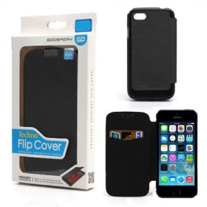 CUSTODIA FLIP ORIZZONTALE per APPLE IPHONE 5, 5S CON TASCA PORTA CARTE COLORE NERO TECHNO BLISTER MERCURY