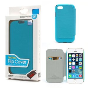 CUSTODIA FLIP ORIZZONTALE per APPLE IPHONE 5, 5S CON TASCA PORTA CARTE COLORE AZZURRO TECHNO BLISTER MERCURY