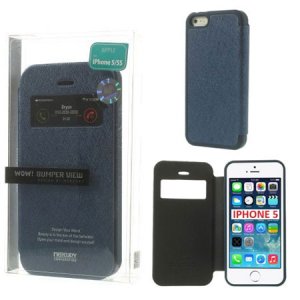 CUSTODIA FLIP ORIZZONTALE per APPLE IPHONE 5, 5S CON FINESTRA ID E INTERNO IN TPU COLORE BLU WOW! MERCURY BLISTER