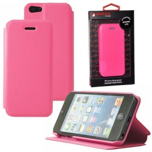 CUSTODIA FLIP ORIZZONTALE PELLE per APPLE IPHONE 5, IPHONE 5s CON STAND COLORE ROSA ALTA QUALITA' MOCCA BLISTER