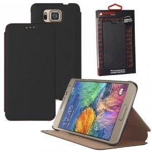 CUSTODIA FLIP ORIZZONTALE PELLE per SAMSUNG G850 GALAXY ALPHA CON STAND COLORE NERO ALTA QUALITA' MOCCA BLISTER