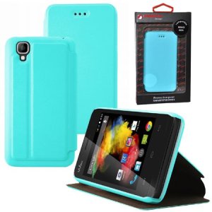 CUSTODIA FLIP ORIZZONTALE PELLE per WIKO GOA CON STAND COLORE AZZURRO ALTA QUALITA' MOCCA BLISTER
