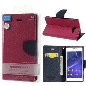 CUSTODIA FLIP ORIZZONTALE per SONY XPERIA M2 CON INTERNO IN TPU, STAND E PORTA CARTE COLORE FUCSIA FANCY DIARY BLISTER MERCURY