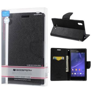 CUSTODIA FLIP ORIZZONTALE per SONY XPERIA T3 CON INTERNO IN TPU, STAND E PORTA CARTE COLORE NERO FANCY DIARY BLISTER MERCURY