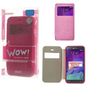 CUSTODIA FLIP ORIZZONTALE per SAMSUNG GALAXY NOTE 4 CON FINESTRA ID E INTERNO IN TPU COLORE FUCSIA WOW! MERCURY BLISTER