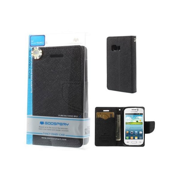 CUSTODIA FLIP ORIZZONTALE per SAMSUNG G130 GALAXY YOUNG 2 CON INTERNO IN TPU SILICONE COLORE NERO FANCY DIARY BLISTER MERCURY
