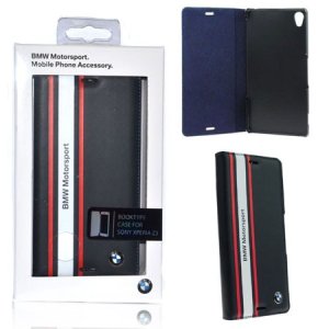 CUSTODIA FLIP ORIZZONTALE VERA PELLE BMW MOTORSPORT BMFLHZ3SN per SONY XPERIA Z3 COLORE BLU SCURO BLISTER