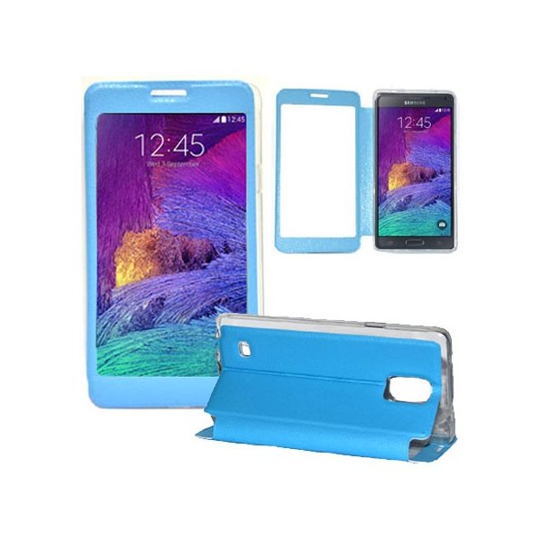 CUSTODIA FLIP ORIZZONTALE PELLE per SAMSUNG GALAXY NOTE 4 CON FINESTRA GRANDE, INTERNO IN TPU SILICONE E STAND COLORE AZZURRO CUSTODIA FLIP ORIZZONTALE PELLE per SAMSUNG GALAXY NOTE 4 CON FINESTRA GRANDE, INTERNO IN TPU SILICONE E STAND COLORE AZZURRO