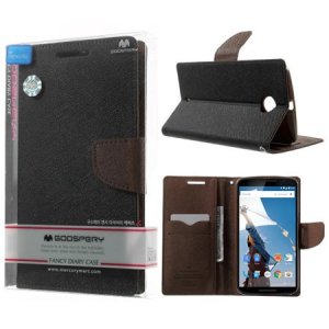 CUSTODIA FLIP ORIZZONTALE per MOTOROLA NEXUS 6 CON INTERNO IN TPU E STAND COLORE NERO E MARRONE FANCY DIARY BLISTER