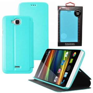 CUSTODIA FLIP ORIZZONTALE PELLE per WIKO SLIDE CON STAND COLORE AZZURRO ALTA QUALITA' MOCCA BLISTER