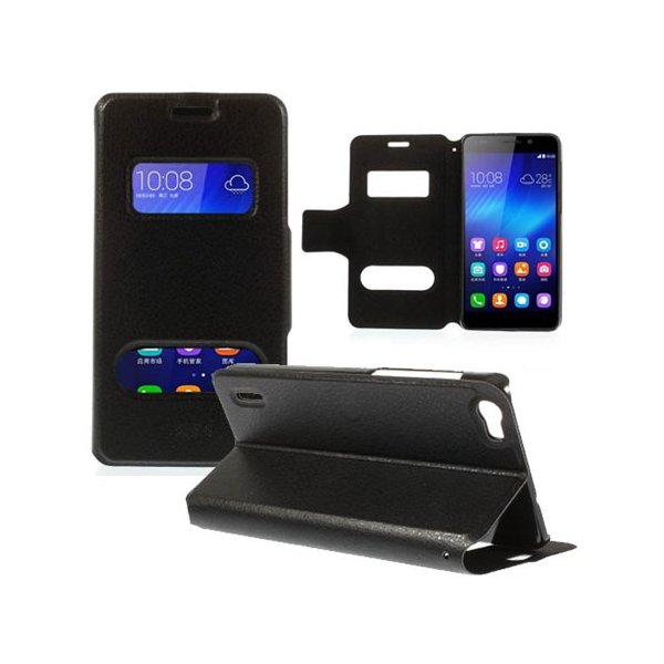 CUSTODIA FLIP ORIZZONTALE SLIM per HUAWEI HONOR 6 CON DOPPIA FINESTRA ID E STAND COLORE NERO CUSTODIA FLIP ORIZZONTALE SLIM per HUAWEI HONOR 6 CON DOPPIA FINESTRA ID E STAND COLORE NERO