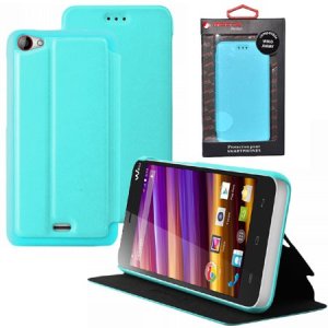 CUSTODIA FLIP ORIZZONTALE PELLE per WIKO JIMMY CON STAND COLORE AZZURRO ALTA QUALITA' MOCCA BLISTER