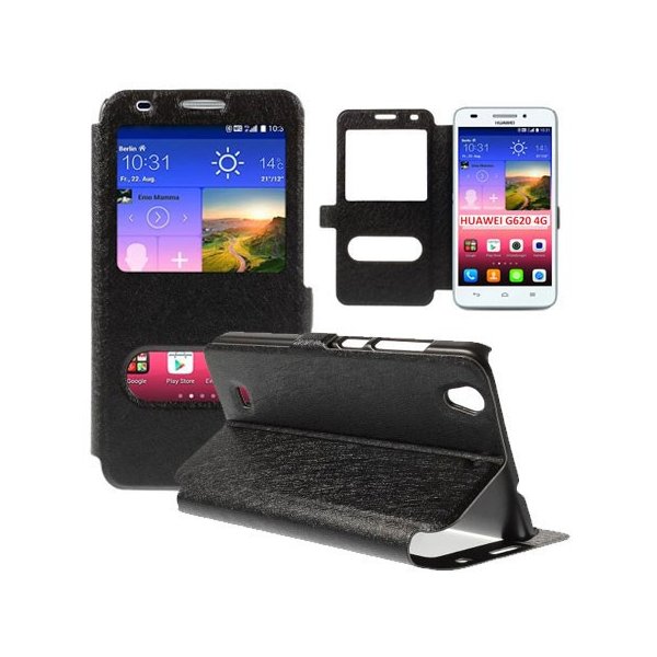 CUSTODIA FLIP ORIZZONTALE SLIM per HUAWEI ASCEND G620 4G CON DOPPIA FINESTRA ID, STAND E CHIUSURA MAGNETICA COLORE NERO CUSTODIA FLIP ORIZZONTALE SLIM per HUAWEI ASCEND G620 4G CON DOPPIA FINESTRA ID, STAND E CHIUSURA MAGNETICA COLORE NERO