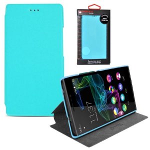 CUSTODIA FLIP ORIZZONTALE SLIM PELLE per WIKO RIDGE FAB 4G CON STAND COLORE AZZURRO ALTA QUALITA' MOCCA BLISTER