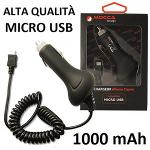 CARICATORE AUTO 1000mAh CON CONNETTORE MICRO USB - CAVO A SPIRALE  COLORE NERO MOCCA MDCC001 BLISTER