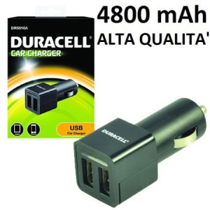 CARICATORE AUTO 4800mAh CON 2 PORTE USB (2 x 2.4A) COLORE NERO DURACELL DR5010A BLISTER