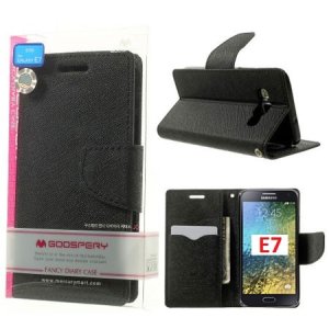 CUSTODIA FLIP ORIZZONTALE per SAMSUNG SM-E700 GALAXY E7 CON INTERNO IN TPU E STAND COLORE NERO FANCY DIARY BLISTER MERCURY