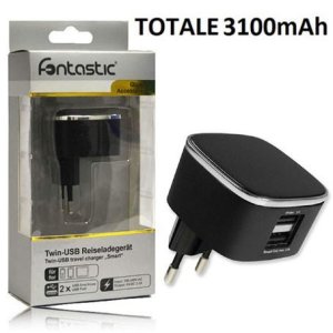 CARICATORE DA RETE 3100mAh CON 2 PORTE USB (1A e 2.1A) COLORE NERO LGUNTUSB3A-7 FONTASTIC BLISTER