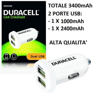 CARICATORE AUTO 3400mAh CON 2 PORTE USB (1000mAh e 2400mAh) COLORE BIANCO ALTA QUALITA' DURACELL DR5015W BLISTER