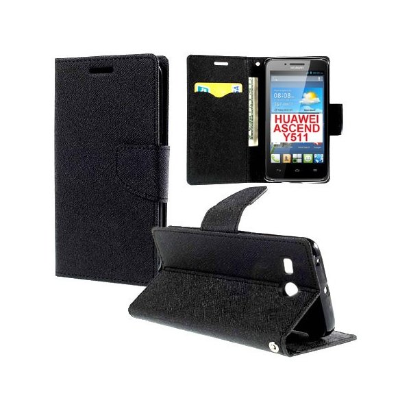 CUSTODIA FLIP ORIZZONTALE per HUAWEI ASCEND Y511 CON INTERNO IN TPU SILICONE, STAND E TASCHE PORTA CARTE COLORE NERO CUSTODIA FLIP ORIZZONTALE per HUAWEI ASCEND Y511 CON INTERNO IN TPU SILICONE, STAND E TASCHE PORTA CARTE COLORE NERO