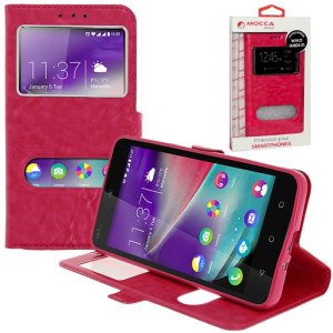 CUSTODIA FLIP ORIZZONTALE PELLE per WIKO RAINBOW LITE 4G CON INTERNO IN TPU E DOPPIA FINESTRA ID COLORE ROSA ALTA QUALITA' MOCCA