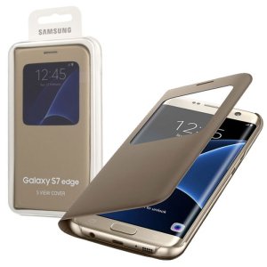 CUSTODIA S VIEW COVER PELLE ORIGINALE SAMSUNG COLORE ORO per SM-G935 GALAXY S7 EDGE CON FINESTRA ID BLISTER
