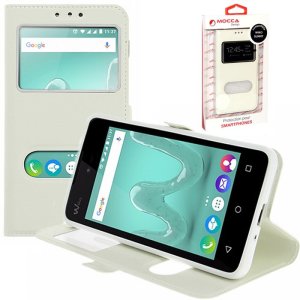 CUSTODIA FLIP ORIZZONTALE PELLE per WIKO SUNNY CON INTERNO IN TPU E DOPPIA FINESTRA ID COLORE BIANCO ALTA QUALITA' MOCCA