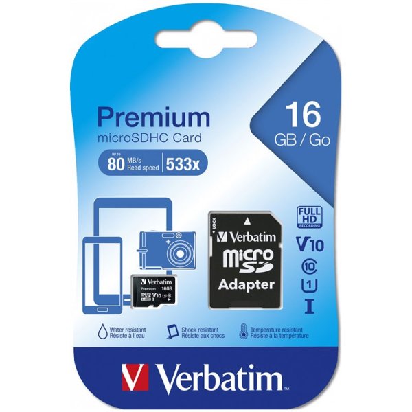 MEMORY CARD MICRO SD 16GB + ADATTATORE SD UHS-1 CLASSE 10 CON VELOCITA' IN LETTURA FINO A 80MB/s 44082 VERBATIM MEMORY CARD MICRO SD 16GB + ADATTATORE SD UHS-1 CLASSE 10 CON VELOCITA' IN LETTURA FINO A 80MB/s 44082 VERBATIM