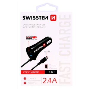 CARICATORE AUTO 2400mAh CON CONNETTORE MICRO USB + 1 PORTA USB COLORE NERO SWISSTEN 20111000 BLISTER