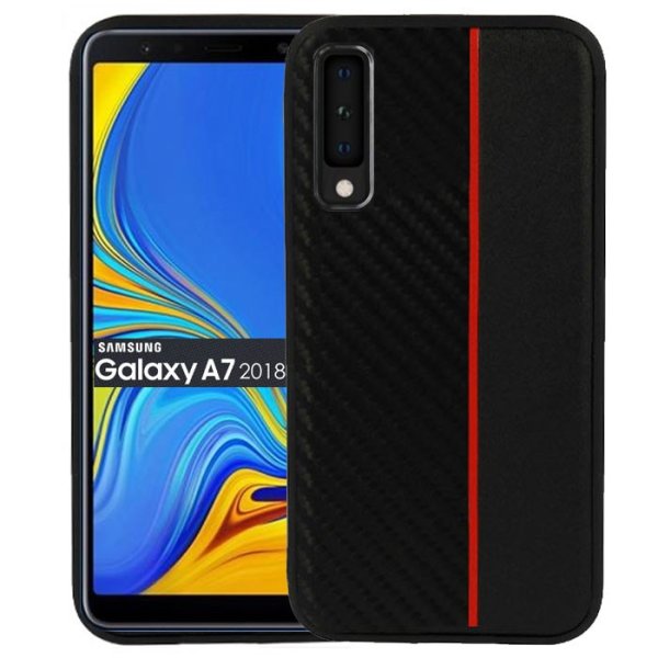 CUSTODIA per SAMSUNG GALAXY A7 2018 (SM-A750) IN GEL TPU SILICONE COLORE NERO EFFETTO CARBONIO CON INSERTO ROSSO CUSTODIA per SAMSUNG GALAXY A7 2018 (SM-A750) IN GEL TPU SILICONE COLORE NERO EFFETTO CARBONIO CON INSERTO ROSSO