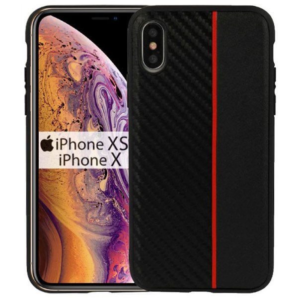 CUSTODIA per APPLE IPHONE X, IPHONE XS (5.8") IN GEL TPU SILICONE COLORE NERO EFFETTO CARBONIO CON INSERTO ROSSO CUSTODIA per APPLE IPHONE X, IPHONE XS (5.8") IN GEL TPU SILICONE COLORE NERO EFFETTO CARBONIO CON INSERTO ROSSO