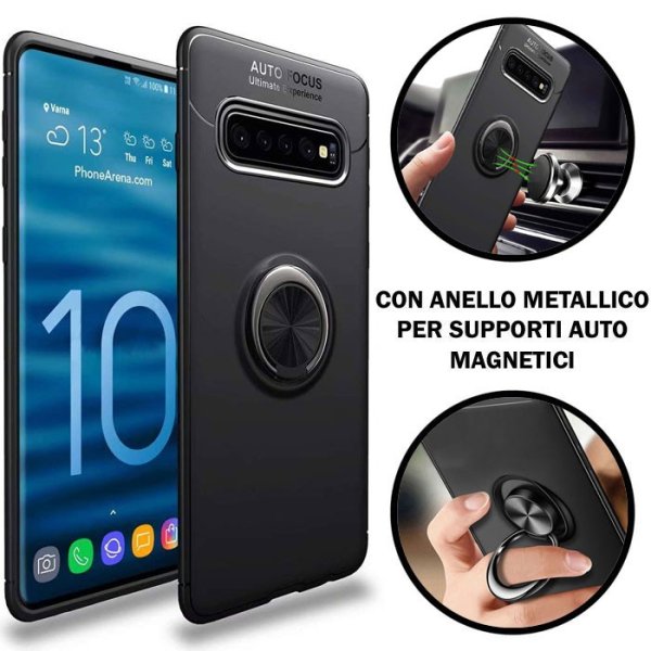 CUSTODIA per SAMSUNG GALAXY S10 PLUS (SM-G975) IN GEL TPU SILICONE CON SUPPORTO AD ANELLO METALLICO GIREVOLE COLORE NERO CUSTODIA per SAMSUNG GALAXY S10 PLUS (SM-G975) IN GEL TPU SILICONE CON SUPPORTO AD ANELLO METALLICO GIREVOLE COLORE NERO