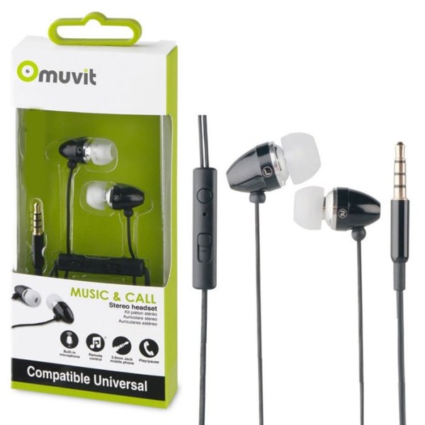 AURICOLARE STEREO con CONNETTORE JACK 3,5mm - GOMMINI, TASTO DI RISPOSTA E MICROFONO COLORE NERO MUVIT MUHPH0016 AURICOLARE STEREO con CONNETTORE JACK 3,5mm - GOMMINI, TASTO DI RISPOSTA E MICROFONO COLORE NERO MUVIT MUHPH0016